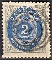 FRIMÆRKER DANMARK | 1871-74 - AFA 16a - 2 Skilling gråblå/ultramarin - Stemplet